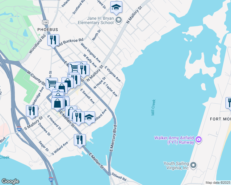 map of restaurants, bars, coffee shops, grocery stores, and more near 213 West Taylor Avenue in Hampton