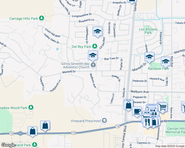 map of restaurants, bars, coffee shops, grocery stores, and more near 8675 Del Rey Court in Gilroy