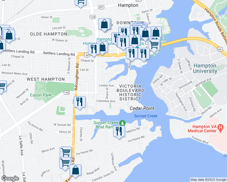 map of restaurants, bars, coffee shops, grocery stores, and more near 4507 Victoria Boulevard in Hampton