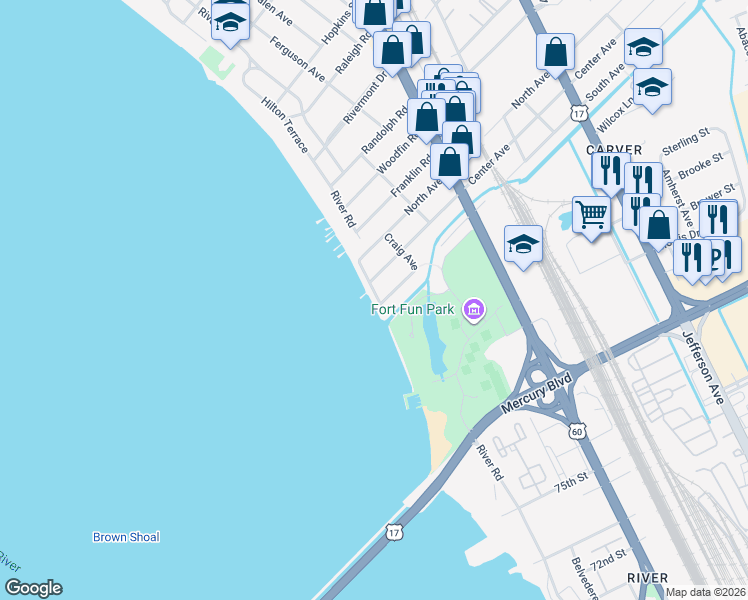 map of restaurants, bars, coffee shops, grocery stores, and more near 9300 River Road in Newport News