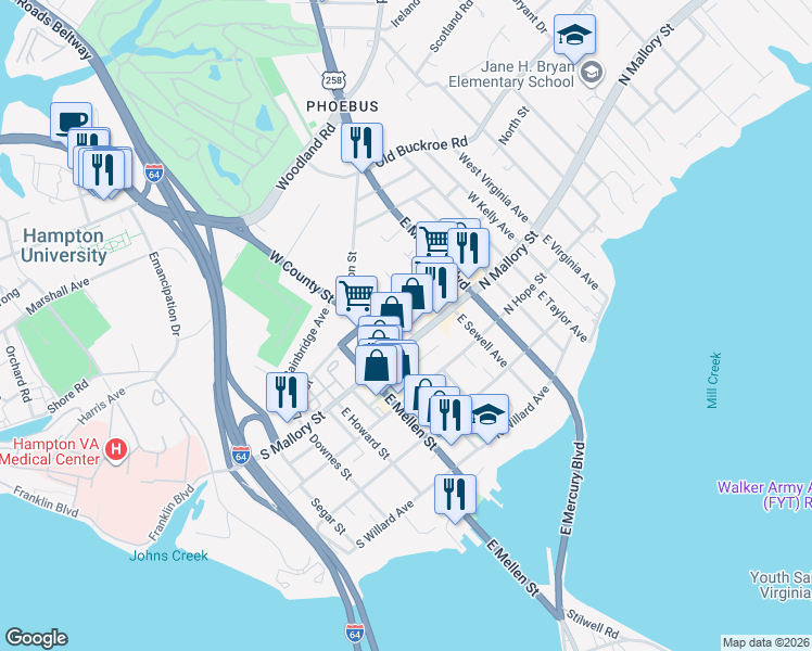 map of restaurants, bars, coffee shops, grocery stores, and more near 7 Booker Street in Hampton