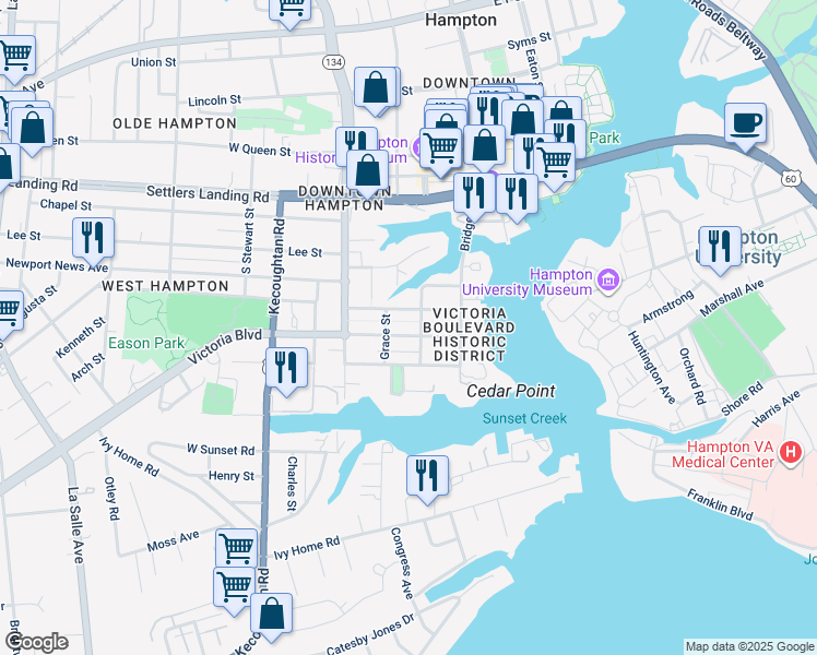 map of restaurants, bars, coffee shops, grocery stores, and more near 4507 Victoria Boulevard in Hampton