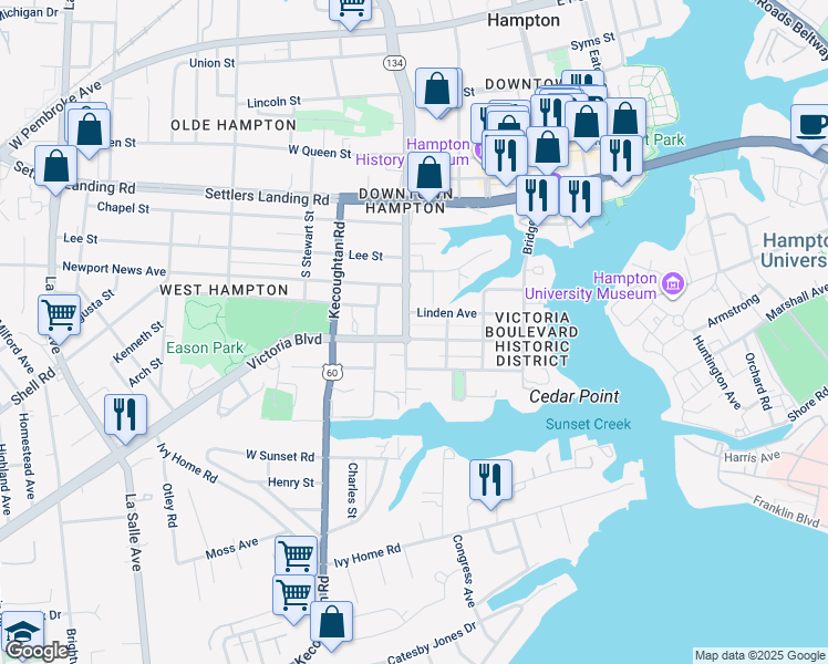 map of restaurants, bars, coffee shops, grocery stores, and more near 524 South Armistead Avenue in Hampton