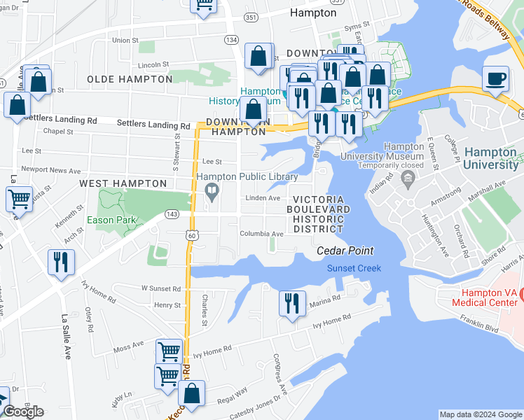 map of restaurants, bars, coffee shops, grocery stores, and more near 4411 Victoria Boulevard in Hampton