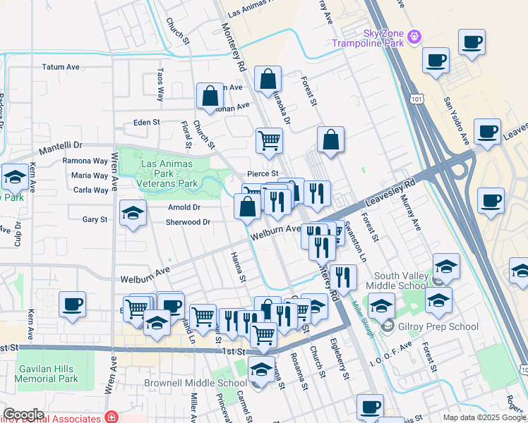 map of restaurants, bars, coffee shops, grocery stores, and more near 6965 Camino Arroyo in Gilroy