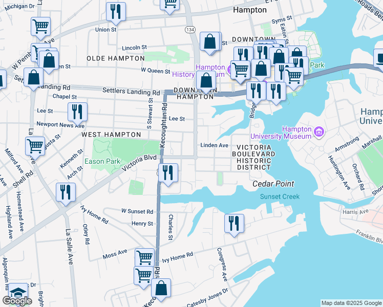 map of restaurants, bars, coffee shops, grocery stores, and more near 524 South Armistead Avenue in Hampton