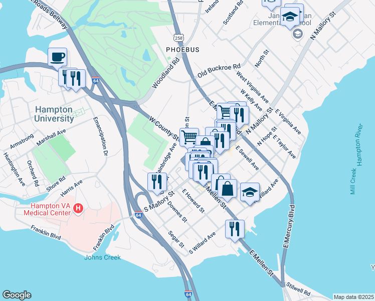 map of restaurants, bars, coffee shops, grocery stores, and more near 169 Libby Street in Hampton