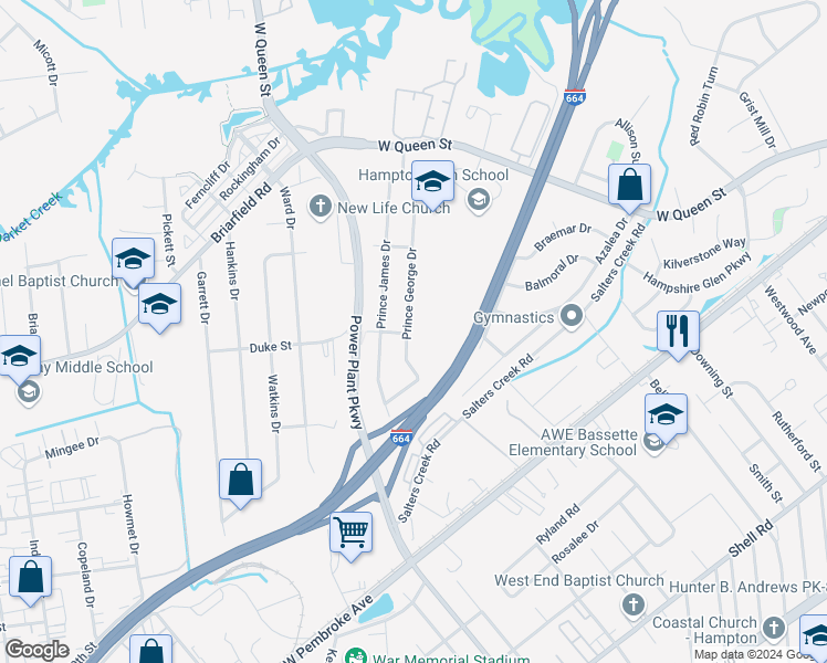 map of restaurants, bars, coffee shops, grocery stores, and more near 127 Prince George Drive in Hampton