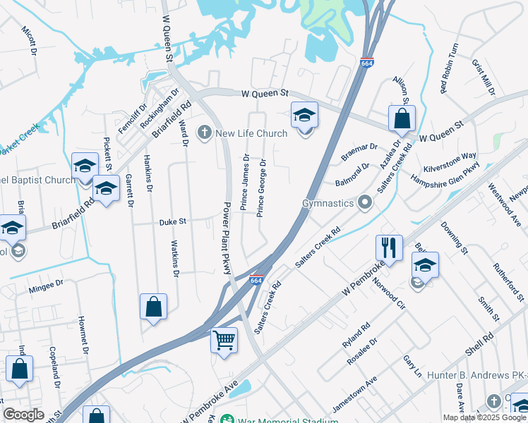 map of restaurants, bars, coffee shops, grocery stores, and more near 127 Prince George Drive in Hampton