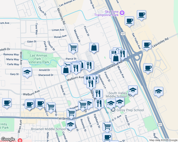map of restaurants, bars, coffee shops, grocery stores, and more near in Gilroy