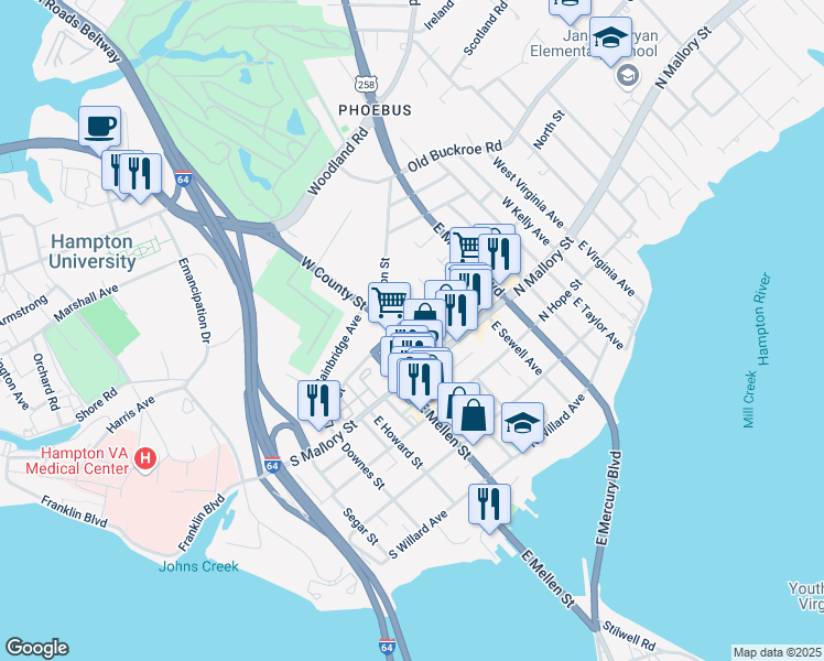 map of restaurants, bars, coffee shops, grocery stores, and more near 210 Libby Street in Hampton