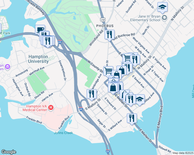 map of restaurants, bars, coffee shops, grocery stores, and more near 28 Bainbridge Avenue in Hampton