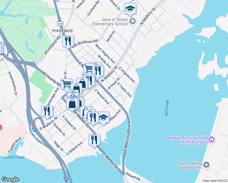 map of restaurants, bars, coffee shops, grocery stores, and more near 116 East Cummings Avenue in Hampton