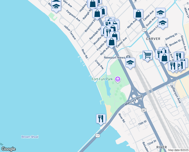 map of restaurants, bars, coffee shops, grocery stores, and more near 121 South Avenue in Newport News
