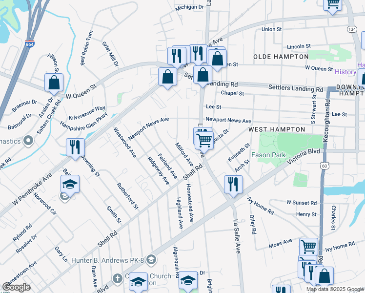 map of restaurants, bars, coffee shops, grocery stores, and more near 710 Milford Avenue in Hampton