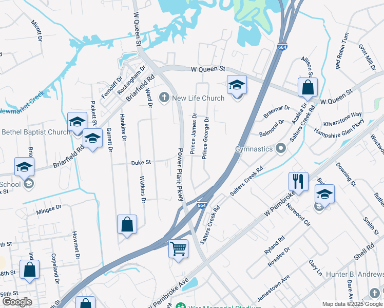 map of restaurants, bars, coffee shops, grocery stores, and more near 166 Prince James Drive in Hampton