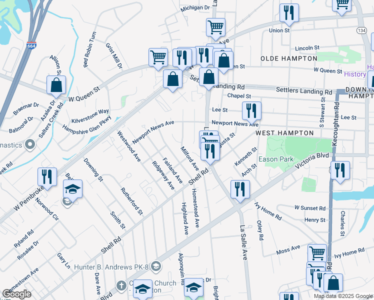 map of restaurants, bars, coffee shops, grocery stores, and more near 710 Milford Avenue in Hampton