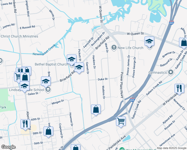 map of restaurants, bars, coffee shops, grocery stores, and more near 28 Hankins Drive in Hampton