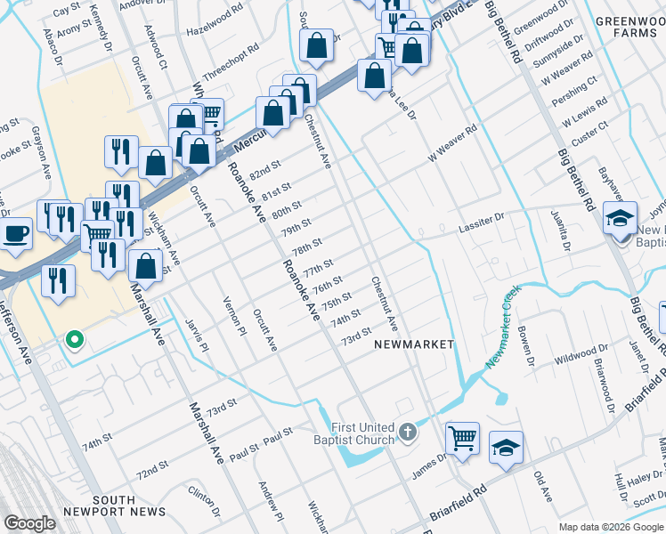 map of restaurants, bars, coffee shops, grocery stores, and more near 1115 76th Street in Newport News