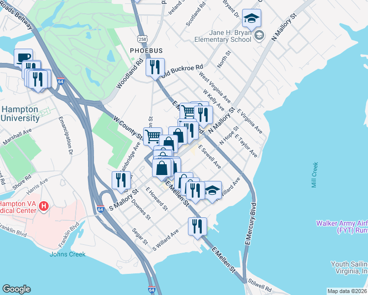 map of restaurants, bars, coffee shops, grocery stores, and more near 36 North Mallory Street in Hampton