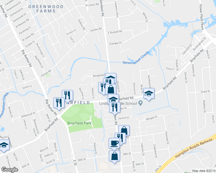 map of restaurants, bars, coffee shops, grocery stores, and more near 919 Aberdeen Rd in Hampton