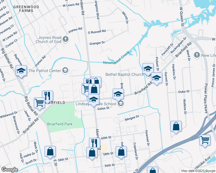 map of restaurants, bars, coffee shops, grocery stores, and more near 909 Glenrock Drive in Hampton