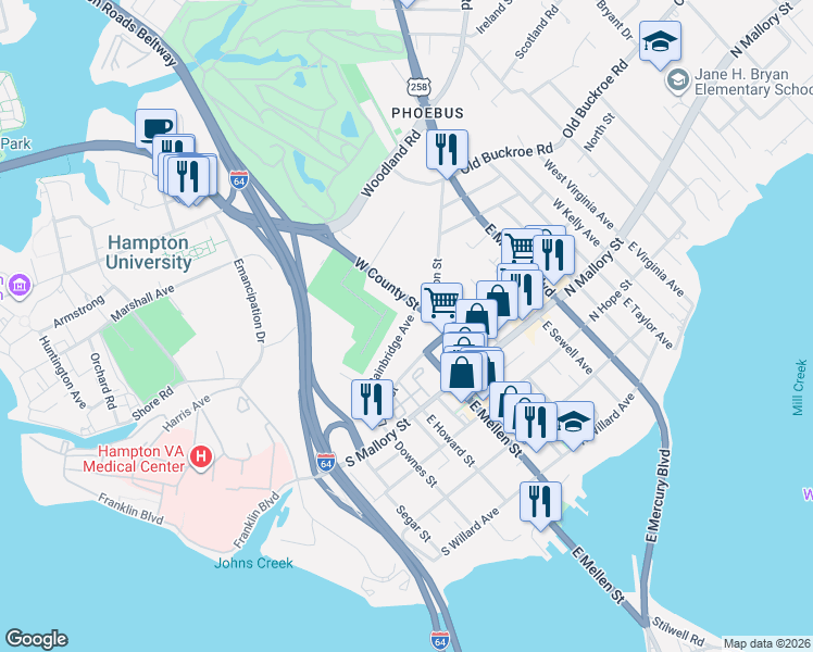 map of restaurants, bars, coffee shops, grocery stores, and more near 30 Bainbridge Avenue in Hampton