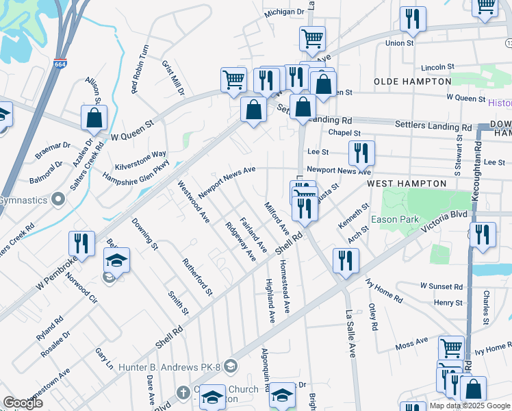 map of restaurants, bars, coffee shops, grocery stores, and more near 717 Homestead Avenue in Hampton