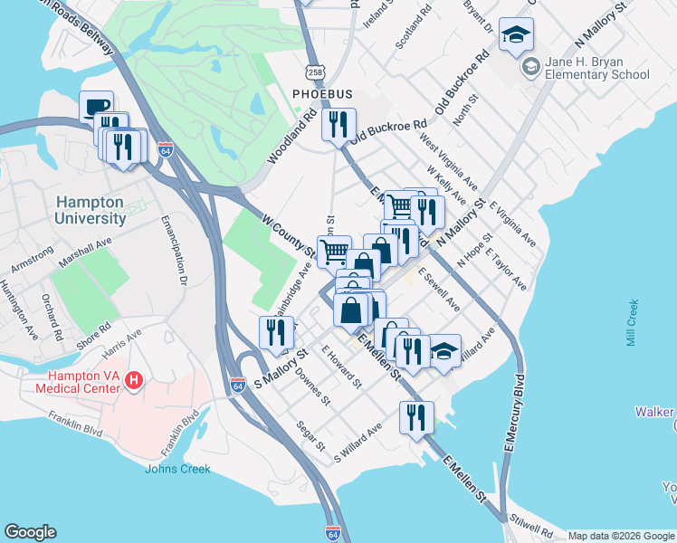 map of restaurants, bars, coffee shops, grocery stores, and more near 169 Libby Street in Hampton