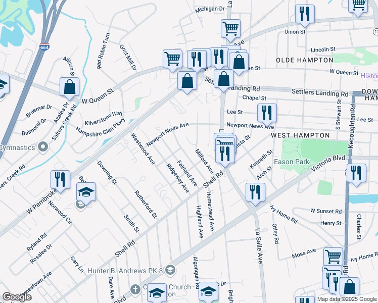 map of restaurants, bars, coffee shops, grocery stores, and more near 717 Homestead Avenue in Hampton