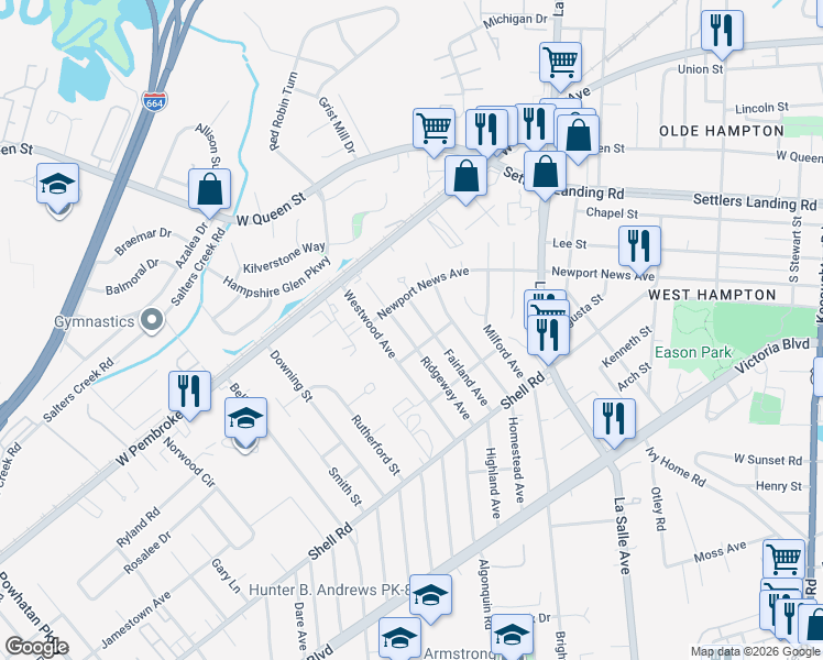 map of restaurants, bars, coffee shops, grocery stores, and more near 733 Fairland Avenue in Hampton