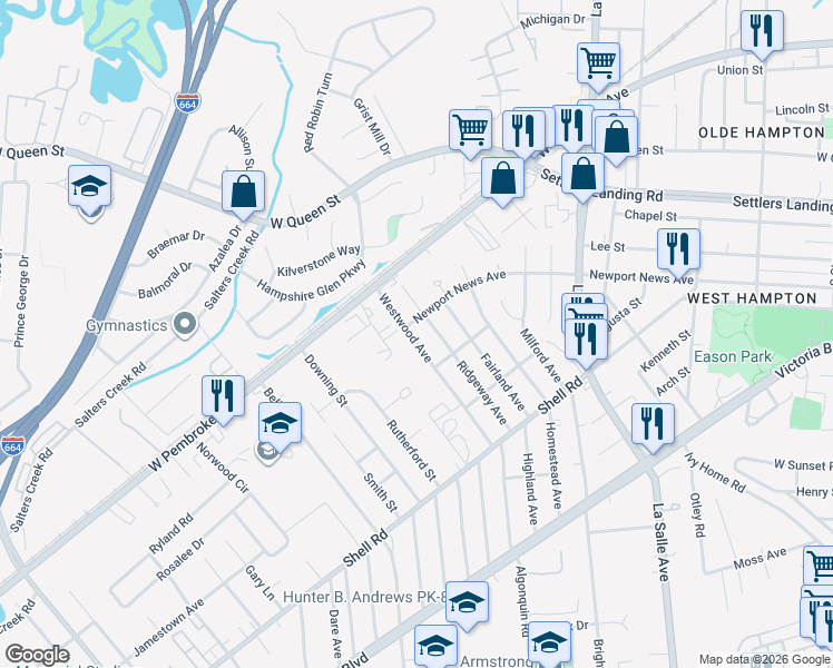 map of restaurants, bars, coffee shops, grocery stores, and more near 816 Westwood Avenue in Hampton