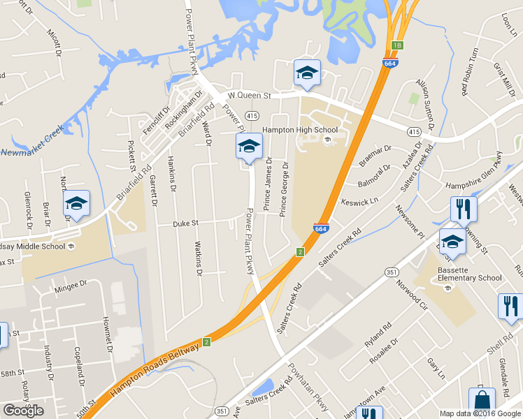 map of restaurants, bars, coffee shops, grocery stores, and more near 201 Prince James Drive in Hampton