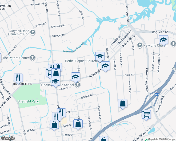 map of restaurants, bars, coffee shops, grocery stores, and more near 4 Northwood Drive in Hampton