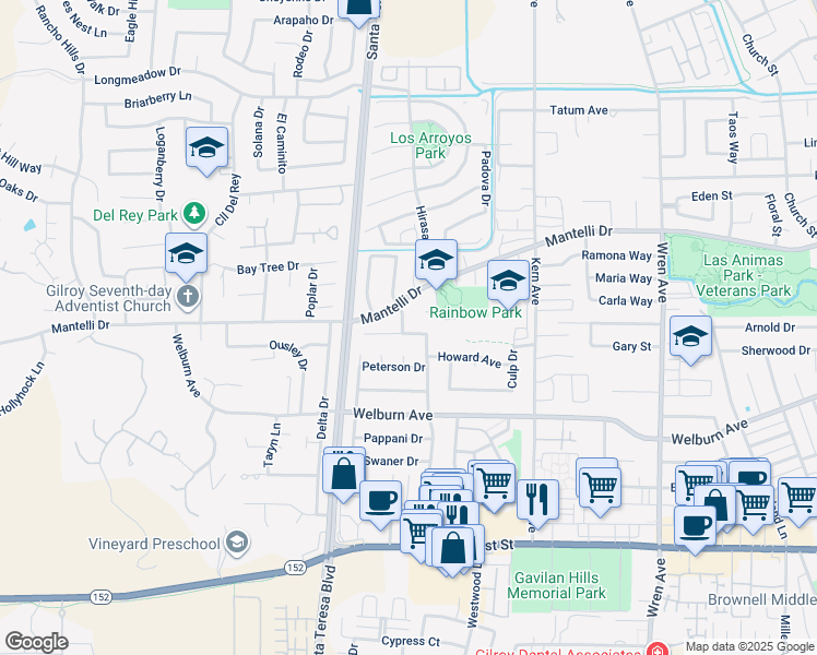 map of restaurants, bars, coffee shops, grocery stores, and more near 1079 Violet Way in Gilroy