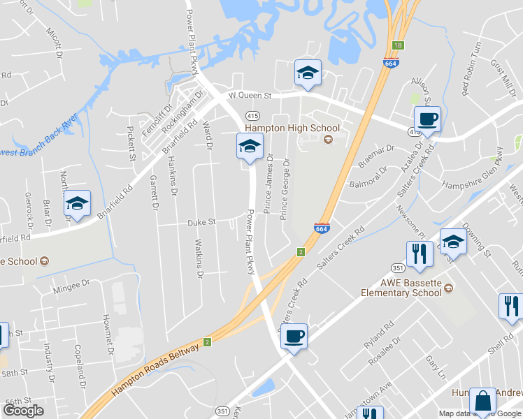 map of restaurants, bars, coffee shops, grocery stores, and more near 201 Prince James Drive in Hampton