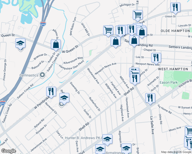 map of restaurants, bars, coffee shops, grocery stores, and more near 816 Westwood Avenue in Hampton