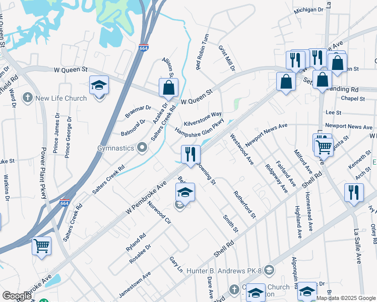 map of restaurants, bars, coffee shops, grocery stores, and more near 4 Ravenscroft Lane in Hampton