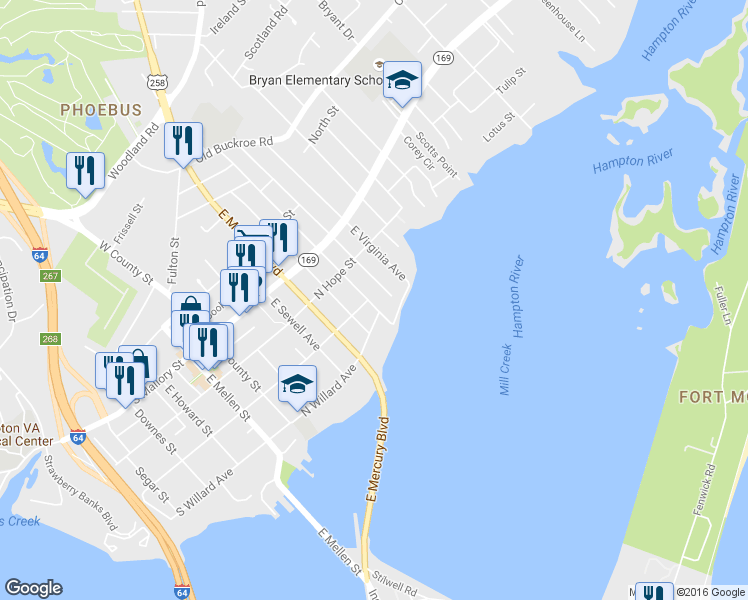 map of restaurants, bars, coffee shops, grocery stores, and more near 213 West Taylor Avenue in Hampton