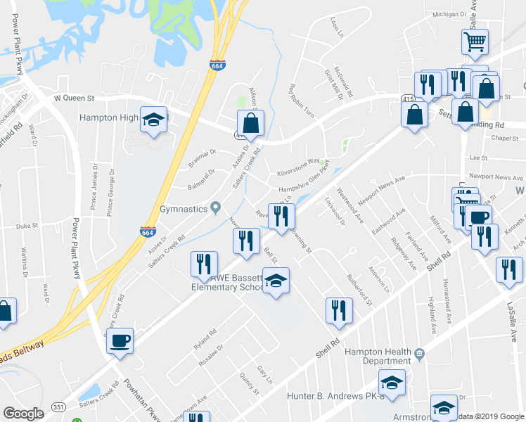 map of restaurants, bars, coffee shops, grocery stores, and more near 22 Ravenscroft Lane in Hampton