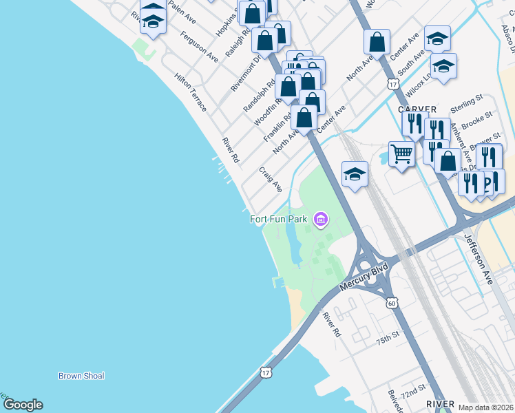 map of restaurants, bars, coffee shops, grocery stores, and more near 9300 River Road in Newport News