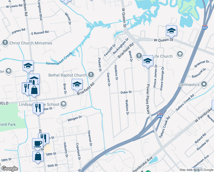 map of restaurants, bars, coffee shops, grocery stores, and more near 18 Garrett Drive in Hampton
