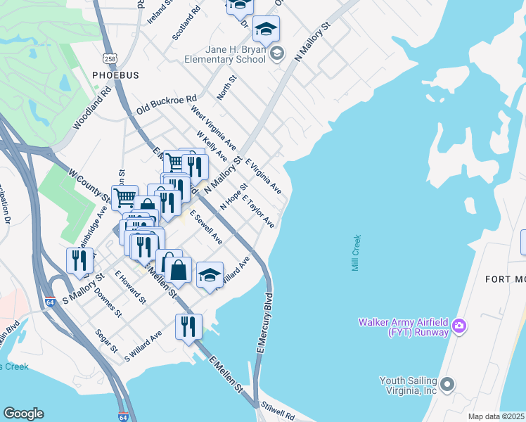map of restaurants, bars, coffee shops, grocery stores, and more near 213 West Taylor Avenue in Hampton