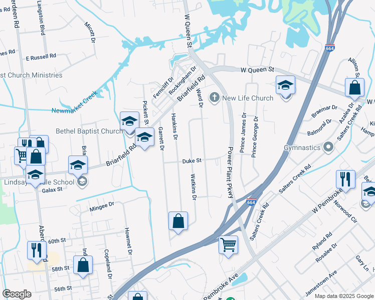 map of restaurants, bars, coffee shops, grocery stores, and more near 116 Watkins Drive in Hampton