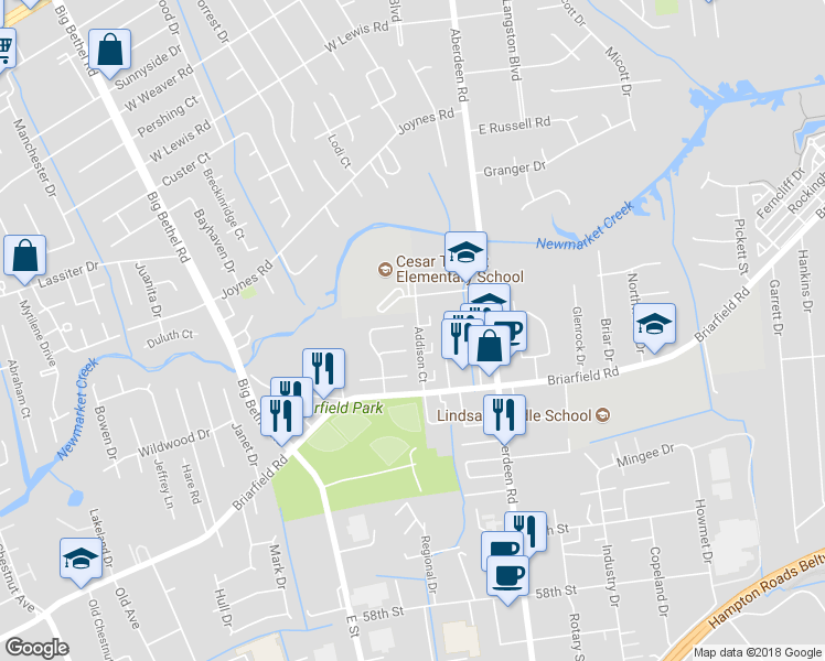 map of restaurants, bars, coffee shops, grocery stores, and more near 42 Westbriar Drive in Hampton