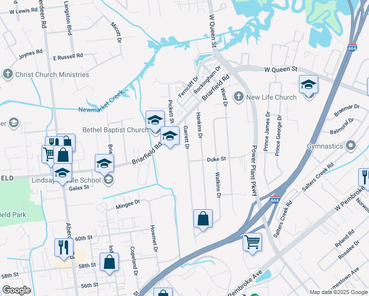 map of restaurants, bars, coffee shops, grocery stores, and more near 18 Garrett Drive in Hampton