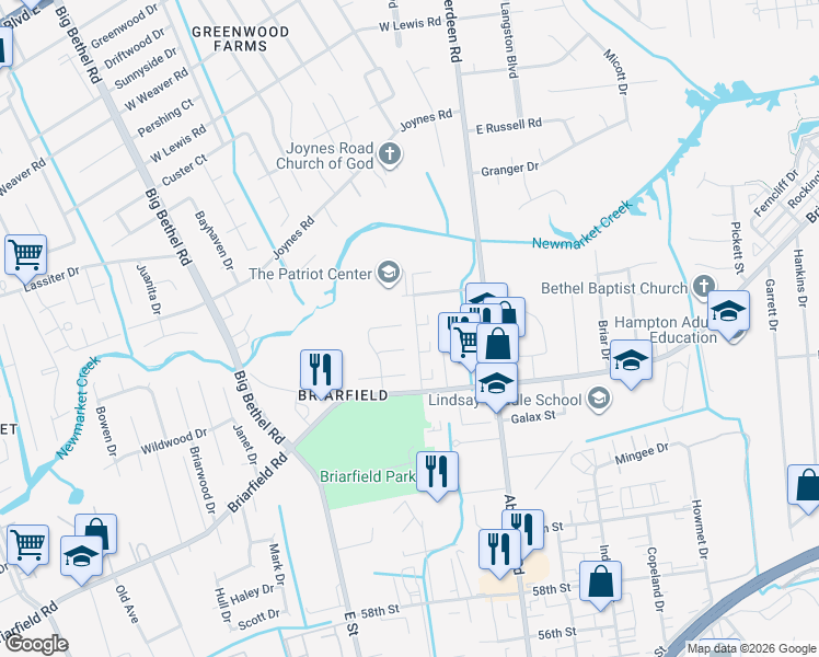 map of restaurants, bars, coffee shops, grocery stores, and more near 42 Westbriar Drive in Hampton