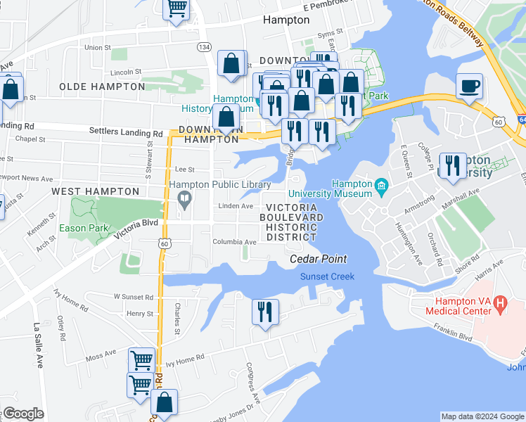 map of restaurants, bars, coffee shops, grocery stores, and more near 99 Linden Avenue in Hampton