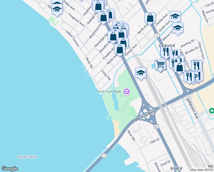 map of restaurants, bars, coffee shops, grocery stores, and more near 122 South Avenue in Newport News