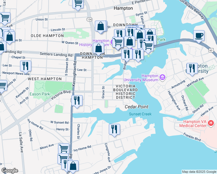 map of restaurants, bars, coffee shops, grocery stores, and more near 113 Linden Avenue in Hampton